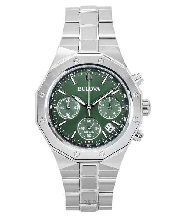 Bulova Octagon Prestige Chronograph Rostfritt Stål Grön Urtavla Quartz 96B409 100M Herrklocka