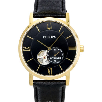 Bulova American Clipper läderrem öppet hjärta svart urtavla automatisk 97A154 herrklocka