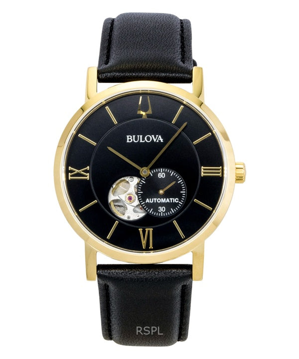 Bulova American Clipper läderrem öppet hjärta svart urtavla automatisk 97A154 herrklocka