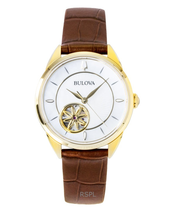 Bulova Sutton läderrem öppet hjärta pärlemor urtavla automatisk 97L179 damklocka