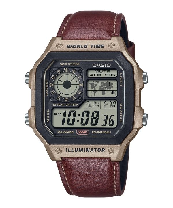 Casio Standard Digital World Time Läderarmband Quartz AE-1200WHL-5AV 100M Herrklocka