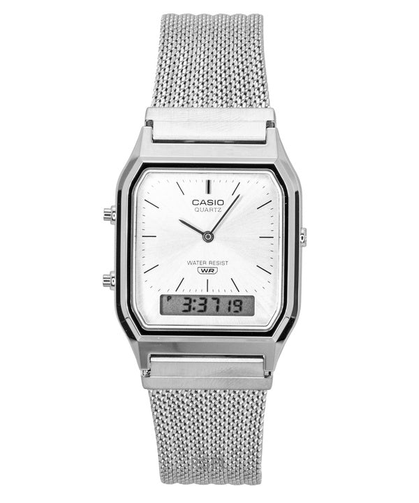 Casio Vintage analog digital rostfritt stål nätarmband silverfärgad urtavla kvarts AQ-230EM-7A unisexklocka