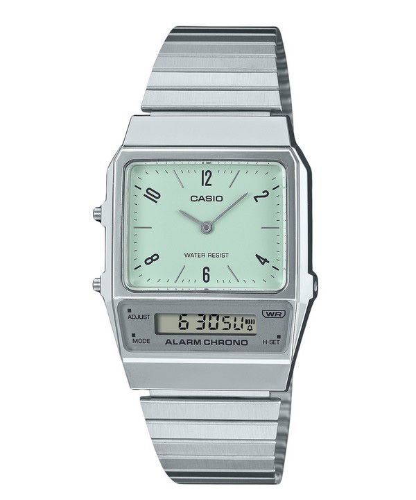 Casio Vintage Analog Digital Dual Time Armband i rostfritt stål Grön urtavla Quartz AQ-800E-3A unisexklocka