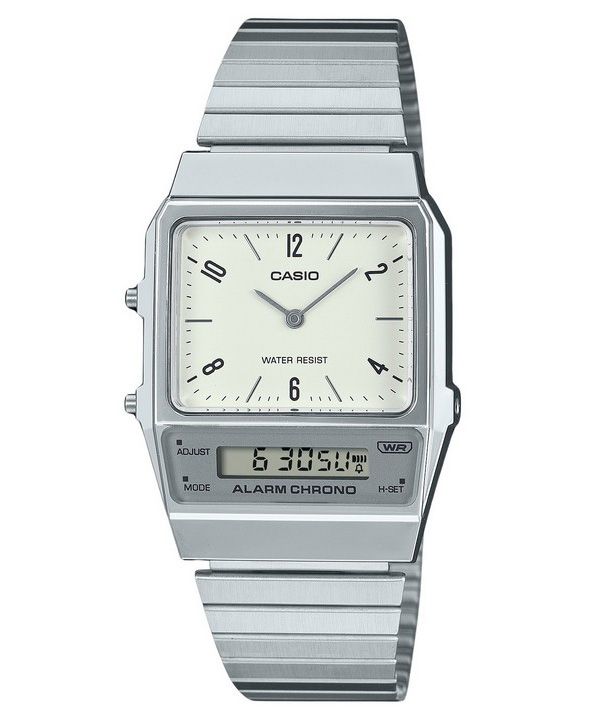 Casio Vintage Analog Digital Dual Time Armband av rostfritt stål Vit Urtavla Quartz AQ-800E-7A2 unisexklocka