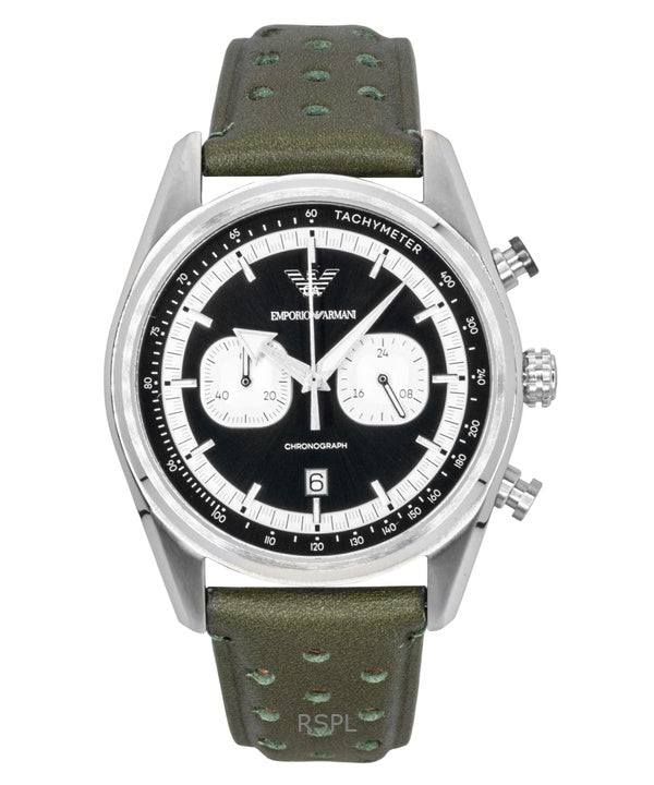 Emporio Armani kronograf grönt läder svart och silverfärgad urtavla kvarts AR11709 herrklocka