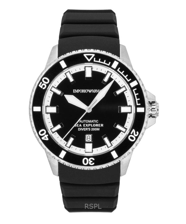Emporio Armani Sea Explorer silikonarmband svart urtavla dykarautomatik AR60086 200M herrklocka