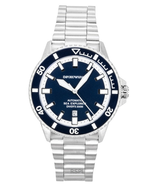 Emporio Armani Sea Explorer rostfritt stål blå urtavla dykarautomatik AR60087 200M herrklocka