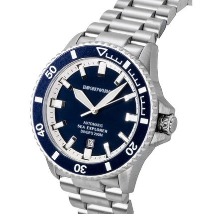 Emporio Armani Sea Explorer rostfritt stål blå urtavla dykarautomatik AR60087 200M herrklocka