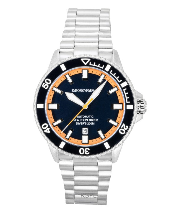 Emporio Armani Sea Explorer rostfritt stål blå urtavla dykarautomatik AR60090 200M herrklocka
