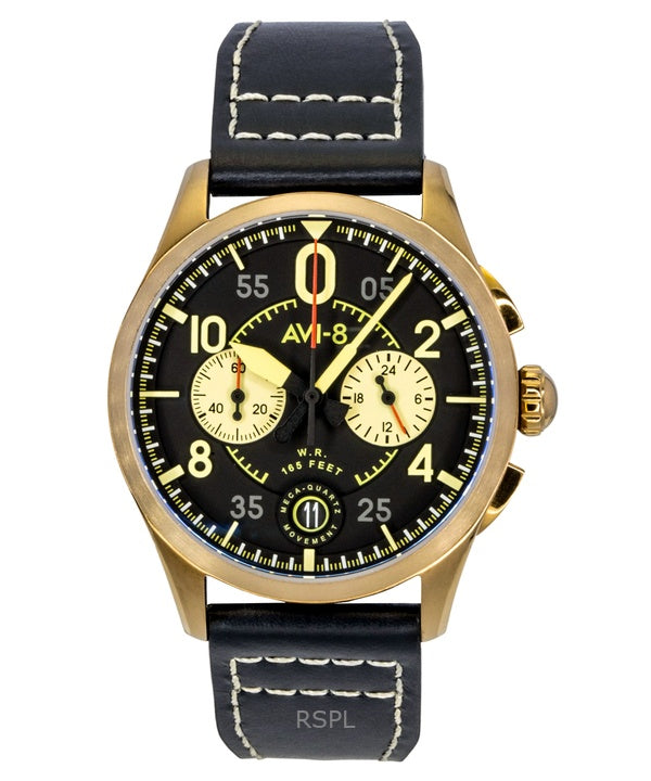 AVI-8 Spitfire Lock Chronograph Void svart läderarmband svart urtavla kvarts AV-4089-07 herrklocka