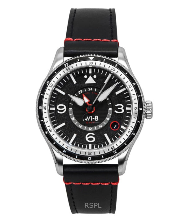 AVI-8 Flyboy Airmaster GMT läderrem motor svart urtavla automatisk AV-4128-01 herrklocka