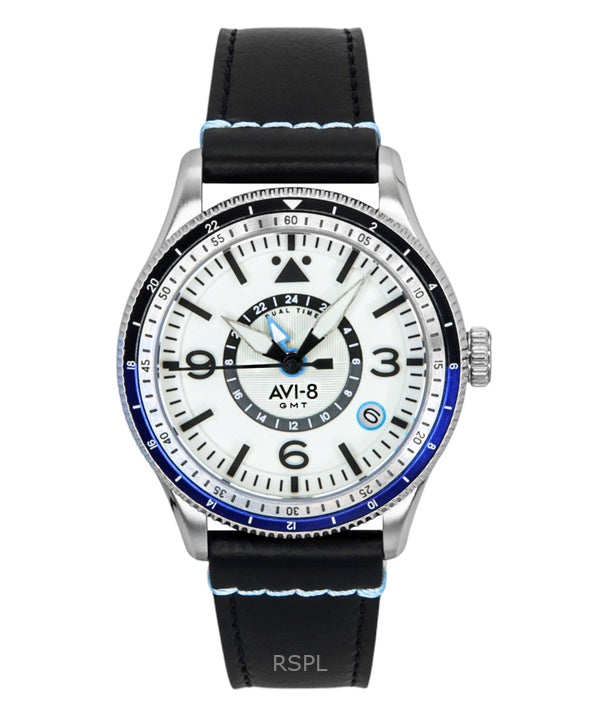 AVI-8 Flyboy Airmaster GMT läderarmband vit urtavla automatisk AV-4128-02 herrklocka