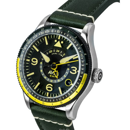 AVI-8 Flyboy Airmaster GMT Flygkropp Grönt Läderarmband Grön Urtavla Automatisk AV-4128-03 Herrklocka
