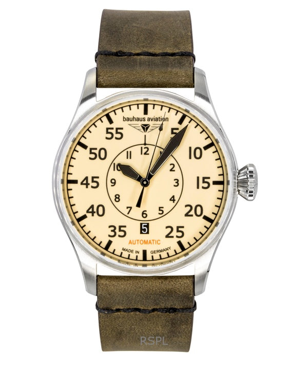 Bauhaus Aviation läderarmband beige urtavla automatisk 27565 herrklocka