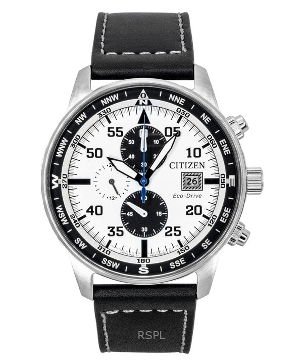 Citizen Eco-Drive Aviator Chronograph Läderarmband Vit Urtavla CA0880-07A 100M Herrklocka
