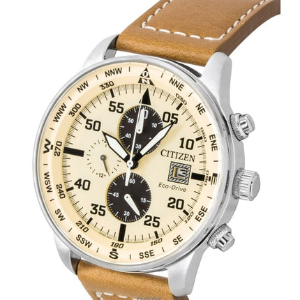 Citizen Eco-Drive Aviator Chronograph Läderarmband Beige Urtavla CA0880-15X 100M Herrklocka