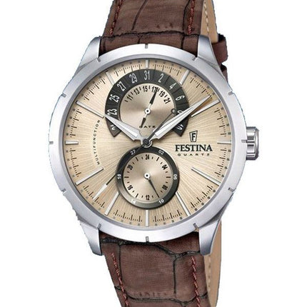 Festina Retro Läderrem Multifunktion Beige Urtavla Quartz F16573-9 Herrklocka