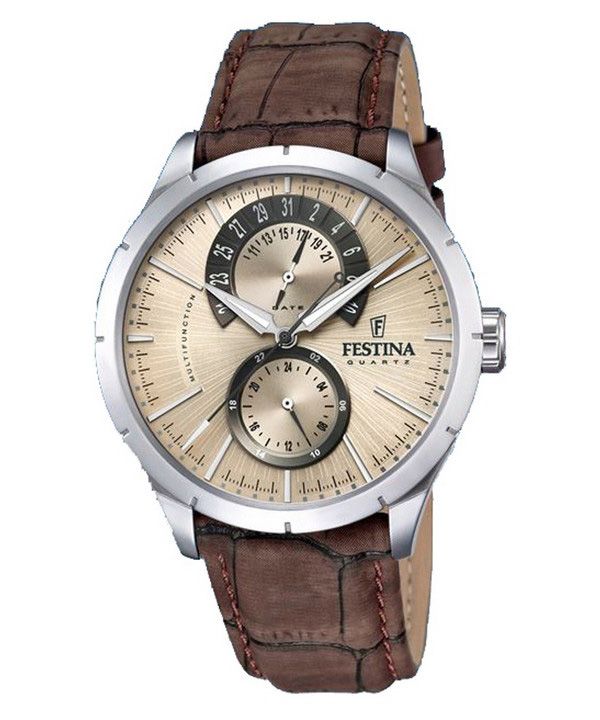 Festina Retro Läderrem Multifunktion Beige Urtavla Quartz F16573-9 Herrklocka