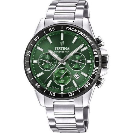 Festina tidlös kronograf rostfritt stål grön urtavla Quartz F20560-4 100M herrklocka
