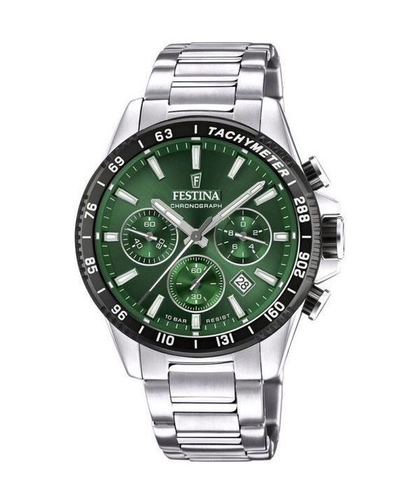 Festina tidlös kronograf rostfritt stål grön urtavla Quartz F20560-4 100M herrklocka