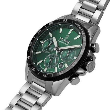 Festina tidlös kronograf rostfritt stål grön urtavla Quartz F20560-4 100M herrklocka
