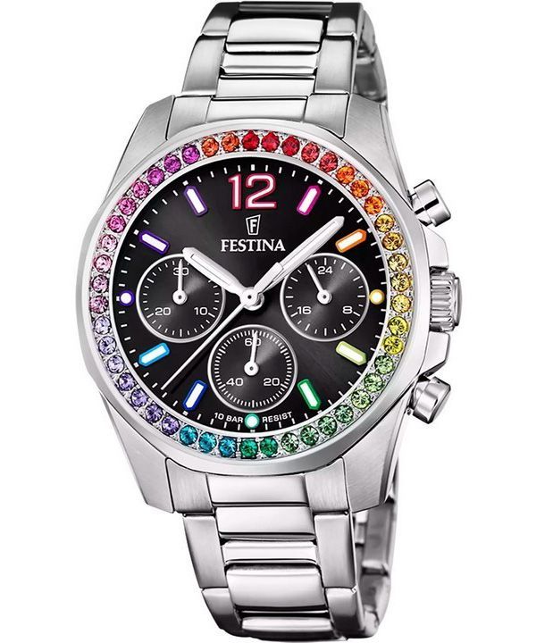 Festina Rainbow Chronograph Kristall Accenter Rostfritt stål Svart Urtavla Quartz F20606-3 100M Damklocka
