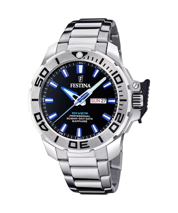 Festina Classics rostfritt stål svart urtavla Quartz Diver&#39,s F20665-3 200M herrklocka med presentrem