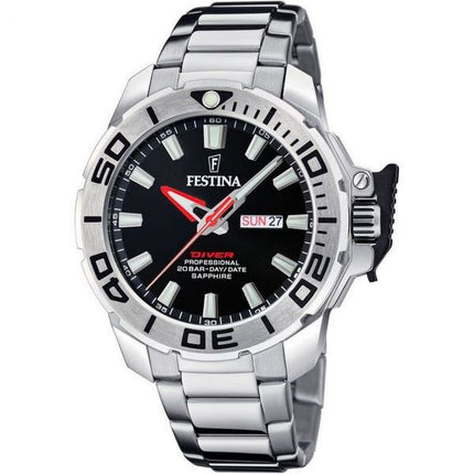 Festina Diver rostfritt stål svart urtavla Quartz F20665-4 200M herrklocka