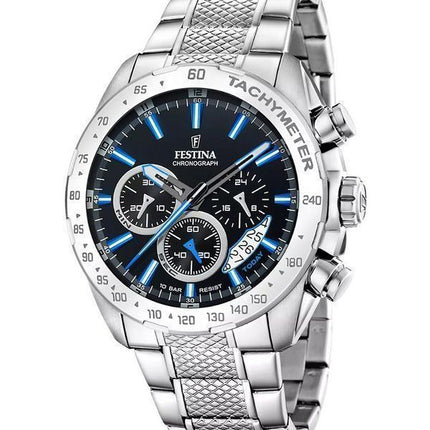 Festina tidlös kronograf rostfritt stål svart urtavla Quartz F20668-6 100M herrklocka