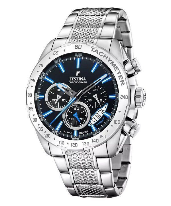Festina tidlös kronograf rostfritt stål svart urtavla Quartz F20668-6 100M herrklocka