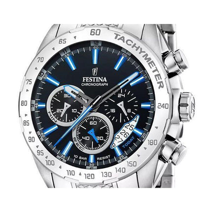 Festina tidlös kronograf rostfritt stål svart urtavla Quartz F20668-6 100M herrklocka