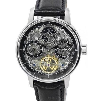 Ingersoll The Jazz Sun and Moon Phase Läderrem Skeleton Silver Dial Automatisk I07701 Herrklocka