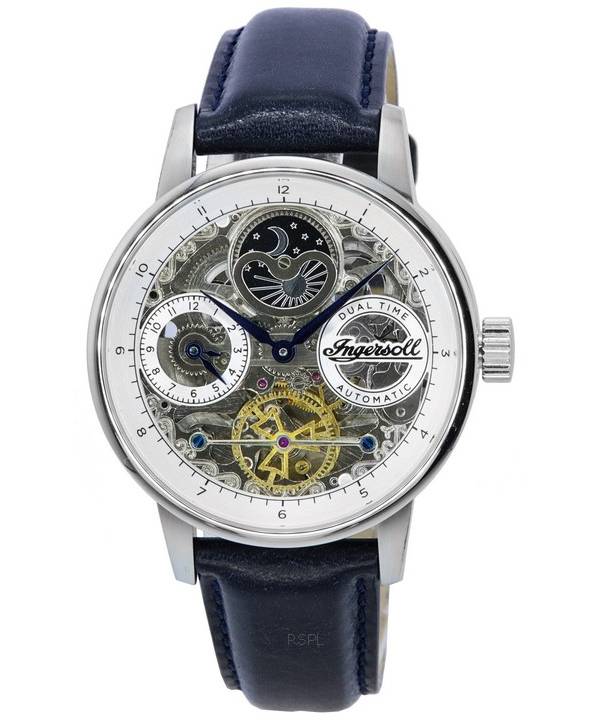 Ingersoll The Jazz Sun and Moon Phase Läderrem Skeleton Silver Urtavla Automatisk I07702 Herrklocka