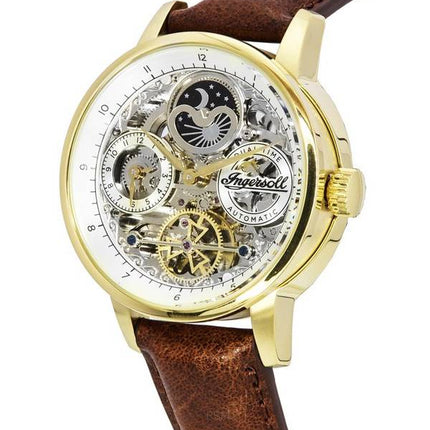 Ingersoll The Jazz Moon Phase Läderrem Skeleton Gold Dial Automatisk I07704 Herrklocka