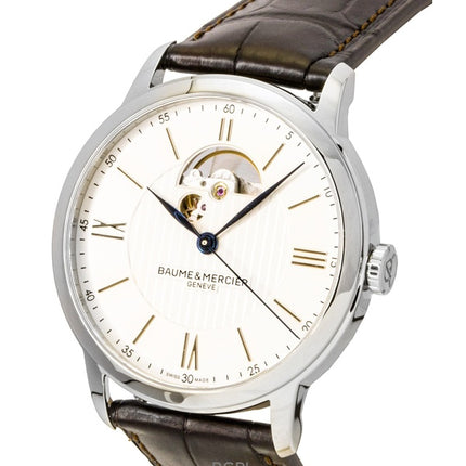 Baume &amp; Mercier Classima läderarmband med öppet hjärta och silverfärgad urtavla, automatisk M0A10524 herrklocka