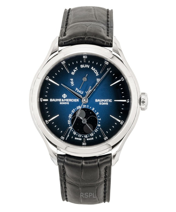 Baume &amp; Mercier Clifton läderrem månfas blå urtavla automatisk M0A10593 herrklocka