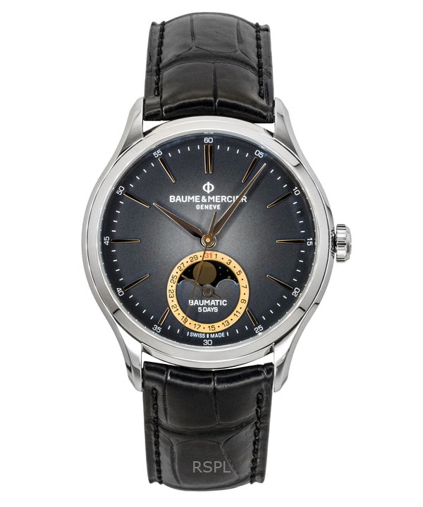 Baume &amp; Mercier Clifton läderrem månfas svart urtavla automatisk M0A10758 herrklocka