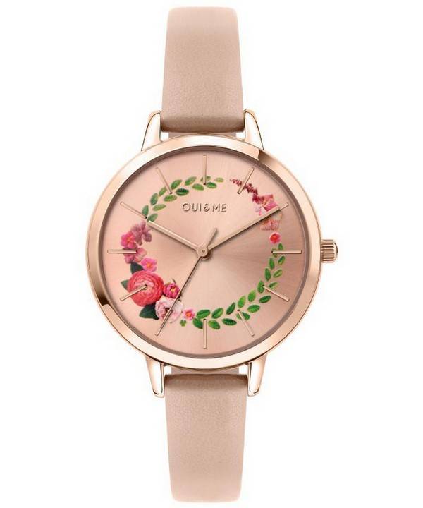 Oui &amp, Me Fleurette Rose Gold Sunray Dial LÃ¤derrem Quartz ME010038 Damklocka