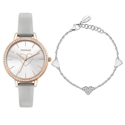 Oui &amp, Me Amourette Crystal Accenter Läderrem Silver Urtavla Quartz ME010289 Damklocka med extra armband