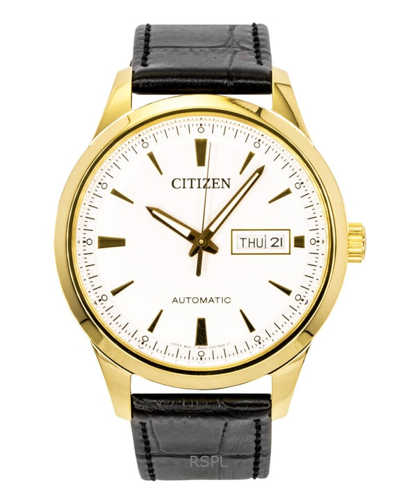 Citizen läderarmband vit urtavla automatisk NY4059-09A herrklocka