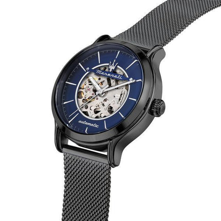 Maserati Epoca Rostfritt stål Mesh Armband Blå Skeletturtavla Automatisk R8823118012 100M herrklocka