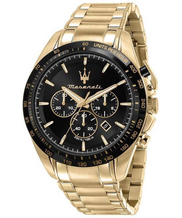Maserati Traguardo Chronograph Gold Tone Rostfritt stål Svart Urtavla Quartz R8873612041 100M herrklocka