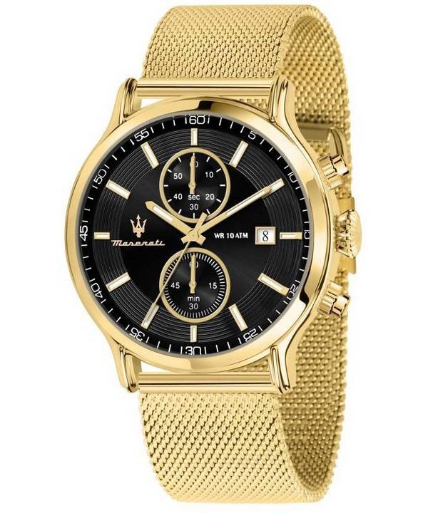 Maserati Epoca Chronograph Gold Tone Rostfritt stål Mesh Black Dial Quartz R8873618014 100M herrklocka