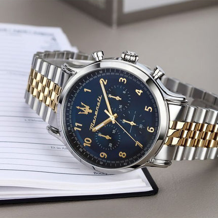 Maserati Epoca Limited Edition Chronograph Two Tone Rostless Steel Blue Dial Quartz R8873618030 100M herrklocka