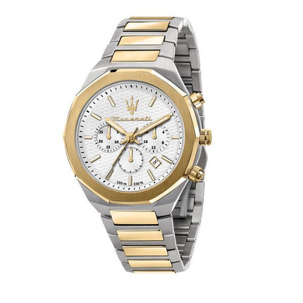 Maserati Stile Chronograph Two Tone Rostless Steel White Dial R8873642009 100M herrklocka