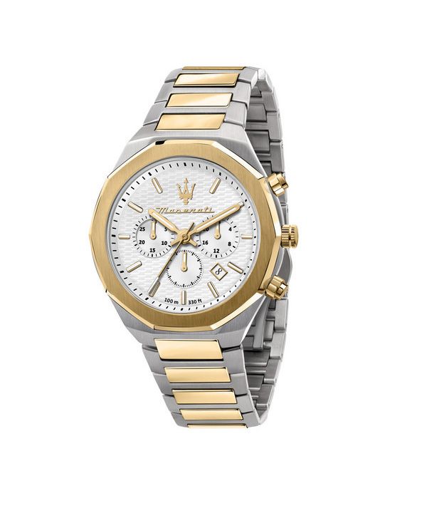 Maserati Stile Chronograph Two Tone Rostless Steel White Dial R8873642009 100M herrklocka
