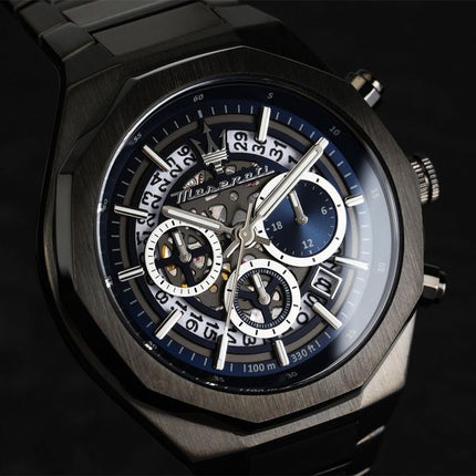 Maserati Stile Chronograph rostfritt stål Blue Skeleton Dial Quartz R8873642012 100M herrklocka