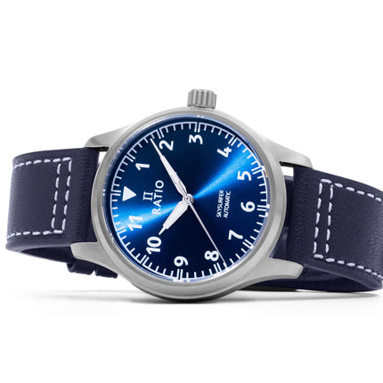 Ratio Skysurfer Pilot Blue Sunray Dial Läder Automatisk RTS302 200M herrklocka