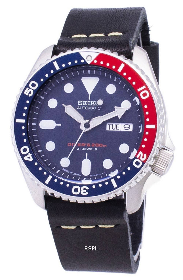 Seiko Automatic SKX009J1-LS14 Diver's 200M Japan gjorde svart läder rem mäns klockor