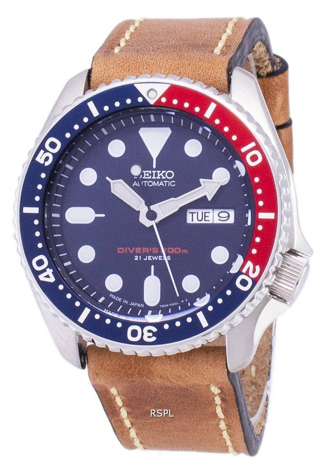 Seiko Automatic SKX009J1-LS17 Diver's 200M Japan gjorde brunt läder rem mäns klocka